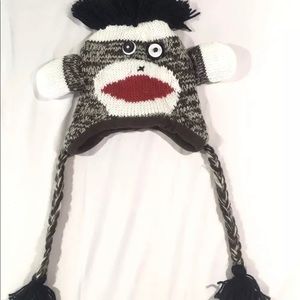 Beanie Fuzzy Tassels Brown Sock Monkey Warm Winter